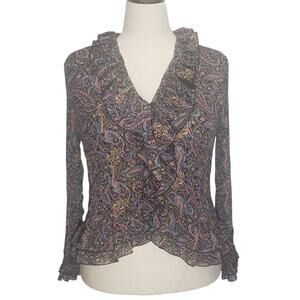 Boho Paisley Ruffle Blouse | Medium | Sheer Long Sleeve Button‑Front Peasant Top